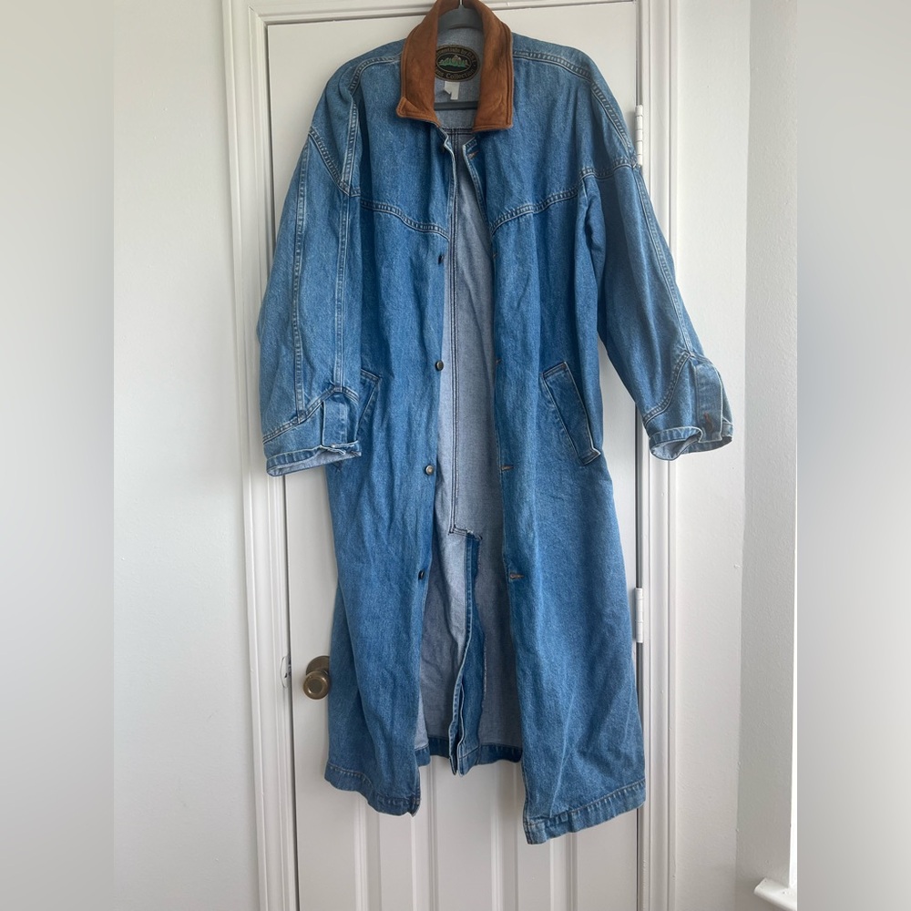 Denim Long Coat with Brown Collar